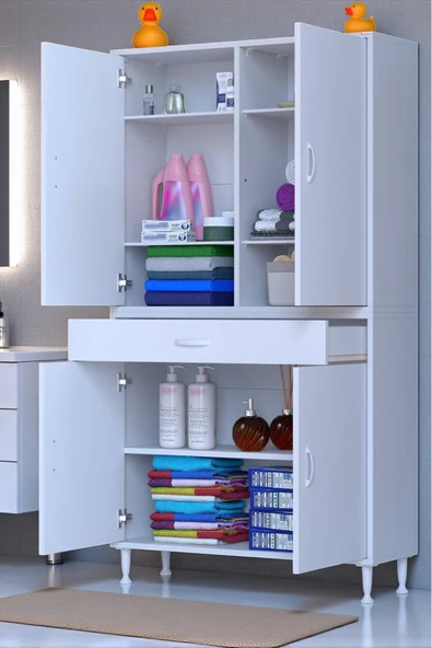 Eliusta Line Beyaz 100 cm Banyo Dolabı Çok Bölmeli Banyo Düzenleyici Dolap 4 Kapaklı 4 Raflı 100x173x32,5 cm ürün görseli 1