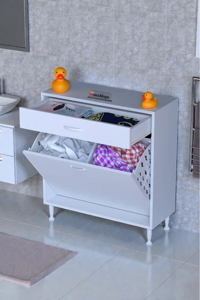 Eliusta Asil 75 cm Kirli Çamaşır Sepetli Banyo Dolabı 1 Çekmeceli Mutfak Çok Amaçlı Dolap 75x88x32,5 cm ürün görseli 1