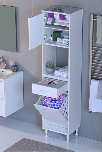Eliusta Seris Sepetli ve Çekmeceli Banyo Dolabı  G:50 cm Çok Amaçlı Beyaz Düzenleyici 50x173x32,5 cm Dolap ürün görseli 1