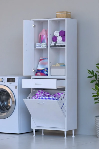 Eliusta Liora Beyaz Çok Amaçlı Banyo Dolabı 65 cm Genişliğe Sahip 65x171x32,5 cm Tek Sepetli 2 Raflı Dolap ürün görseli 1