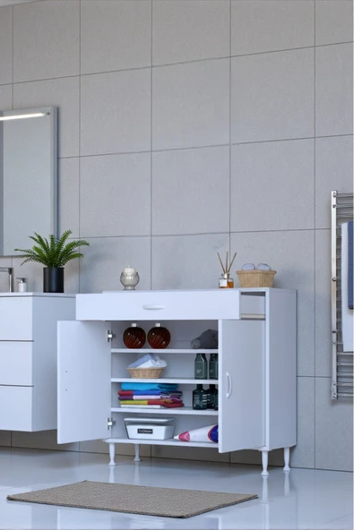 Eliusta Rose 95 cm Beyaz 1 Çekmeceli Banyo Mutfak Dolabı 4 Bölmeli 3 Raflı Çok Amaçlı Dolap 95x88x32,5 cm ürün görseli 1