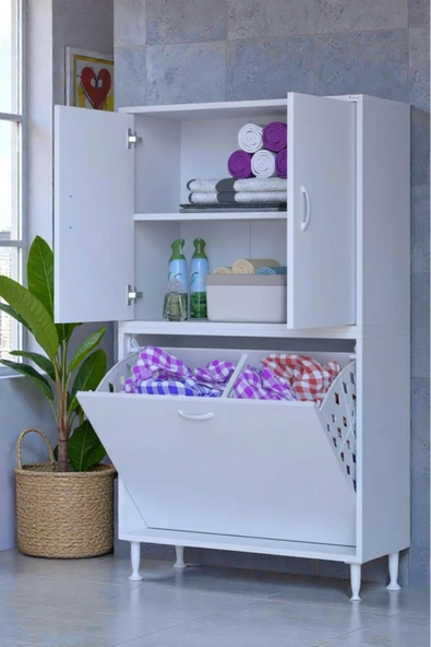 Eliusta Miretta Üst Bölme Kapaklı Altı Kirli Sepetli Dolap 70 cm Genişlik Beyaz 70x138x32,5 cm Dolap ürün görseli 1