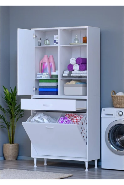 Eliusta Mira Dolap 6 Bölme Çok Fonksiyonlu Banyo Dolabı 75 cm Beyaz Sepetli Dolap 75x171x32,5 cm Organizer ürün görseli 1