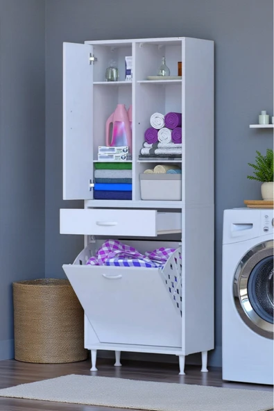 Eliusta Mira Dolap 6 Bölme Çok Fonksiyonlu Banyo Dolabı 60 cm Beyaz Sepetli Dolap 60x171x32,5 cm Organizer ürün görseli 1