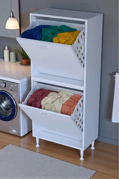 Eliusta Veluna 60 cm Kirli Çamaşır Sepetli Dolap Banyo Dolabı Beyaz 60x138x32,5 cm 2 Sepetli Dolap ürün görseli 1