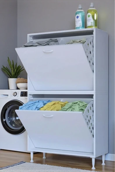 Eliusta Veluna 85 cm Kirli Çamaşır Sepetli Dolap Banyo Dolabı Beyaz 85x138x32,5 cm 4 Sepetli Dolap ürün görseli 1