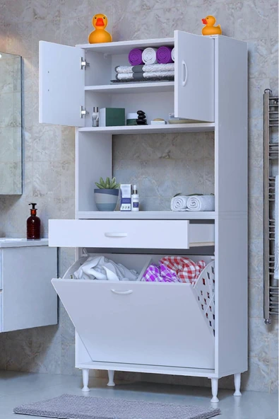 Eliusta Seris Sepetli ve Çekmeceli Banyo Dolabı  G:70 cm Çok Amaçlı Beyaz Düzenleyici 70x173x32,5 cm Dolap ürün görseli 1