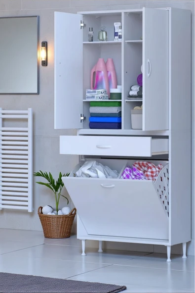 Eliusta Wall Beyaz Banyo Dolabı 75 cm İki Göz Bölmeli Sepet 75x171x32,5 cm 4 Raflı Mutfak/Banyo Dolabı ürün görseli 1