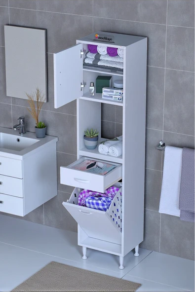 Eliusta Seris Sepetli ve Çekmeceli Banyo Dolabı  G:35 cm Çok Amaçlı Beyaz Düzenleyici 35x173x32,5 cm Dolap ürün görseli 1