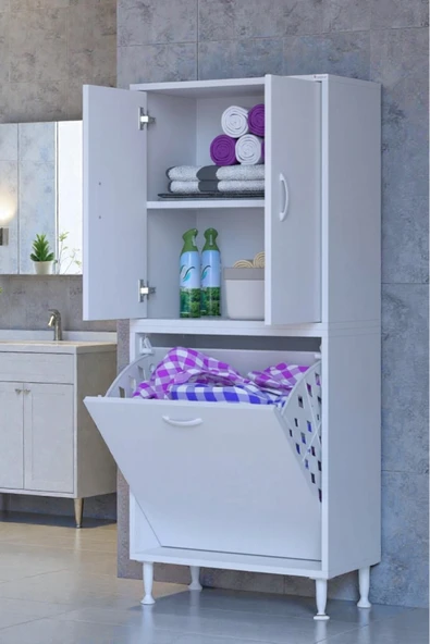 Eliusta Miretta Üst Bölme Kapaklı Altı Kirli Sepetli Dolap 65 cm Genişlik Beyaz 65x138x32,5 cm Dolap ürün görseli 1