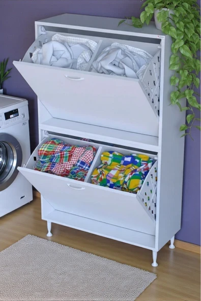 Eliusta Veluna 70 cm Kirli Çamaşır Sepetli Dolap Banyo Dolabı Beyaz 70x138x32,5 cm 4 Sepetli Dolap ürün görseli 1