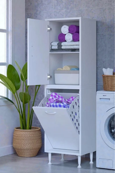 Eliusta Miretta Üst Bölme Kapaklı Altı Kirli Sepetli Dolap 40 cm Genişlik Beyaz 40x138x32,5 cm Dolap ürün görseli 1