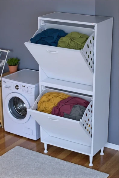 Eliusta Veluna 65 cm Kirli Çamaşır Sepetli Dolap Banyo Dolabı Beyaz 65x138x32,5 cm 2 Sepetli Dolap ürün görseli 1