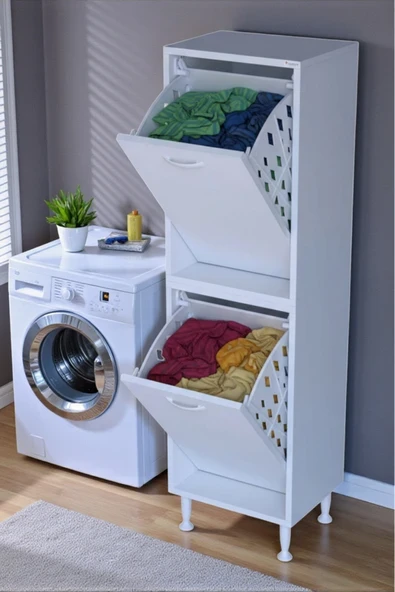 Eliusta Veluna 45 cm Kirli Çamaşır Sepetli Dolap Banyo Dolabı Beyaz 45x138x32,5 cm 2 Sepetli Dolap ürün görseli 1