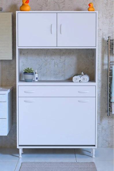 Eliusta Seris Sepetli ve Çekmeceli Banyo Dolabı  G:90 cm Çok Amaçlı Beyaz Düzenleyici 90x173x32,5 cm Dolap ürün görseli 1
