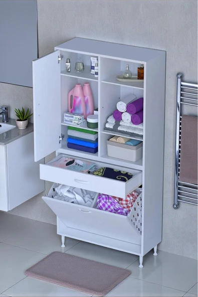 Eliusta Mira Dolap 6 Bölme Çok Fonksiyonlu Banyo Dolabı 70 cm Beyaz Sepetli Dolap 70x171x32,5 cm Organizer ürün görseli 1