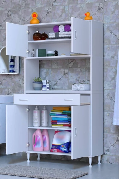 Eliusta Nordi 4 Kapak 2 Raflı Beyaz Dolap 90x173x32,5 cm Çekmeceli Çok Amaçlı Banyo/Mutfak Dolabı ürün görseli 1