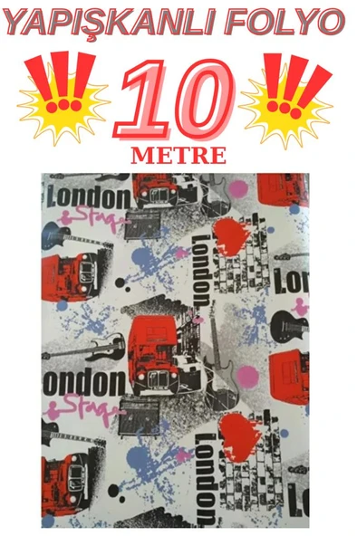45cm x 10 Metre 1 Rulo Folyo Yapışkanlı London Yazılı Kafe Mutfak Duvar Kaplama Folyosu Kağıdı ürün görseli 1