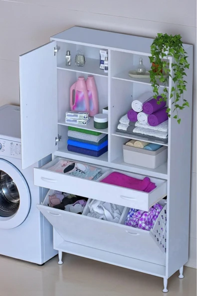 Eliusta Mira Dolap 6 Bölme Çok Fonksiyonlu Banyo Dolabı 90 cm Beyaz Sepetli Dolap 90x171x32,5 cm Organizer ürün görseli 1