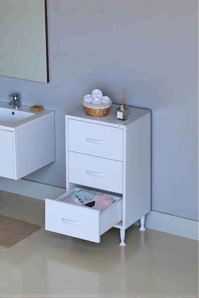 Eliusta Seçer 3 Çekmeceli 40 cm Banyo ve Mutfak Dolabı Beyaz 40x75x32,5 cm Çok Amaçlı Organizer Dolap ürün görseli 1