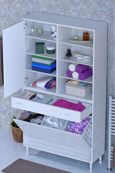 Eliusta Rule Sepetli Banyo/Mutfak Dolabı 90 cm Genişliğe Sahip 90x171x32,5 cm Üç Sepetli Beyaz Dolap ürün görseli 1