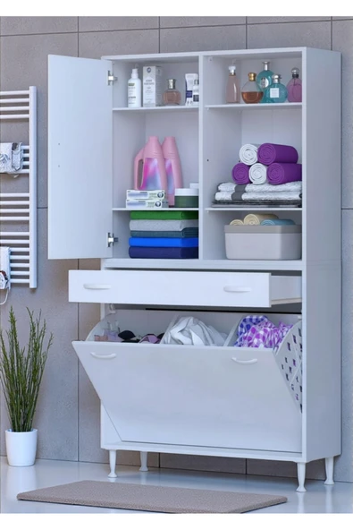 Eliusta Mira Dolap 6 Bölme Çok Fonksiyonlu Banyo Dolabı 100 cm Beyaz Sepetli Dolap 100x171x32,5 cm Organizer ürün görseli 1
