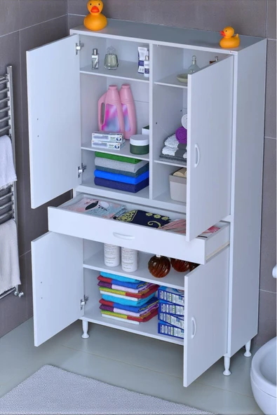 Eliusta Line Beyaz 95 cm Banyo Dolabı Çok Bölmeli Banyo Düzenleyici Dolap 4 Kapaklı 4 Raflı 95x173x32,5 cm ürün görseli 1