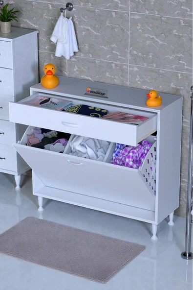 Eliusta Asil 90 cm Kirli Çamaşır Sepetli Banyo Dolabı 1 Çekmeceli Mutfak Çok Amaçlı Dolap 90x88x32,5 cm ürün görseli 1