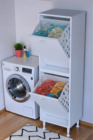 Veluna 35 cm Kirli Çamaşır Sepetli Dolap Banyo Dolabı Beyaz 35x138x32,5 cm 2 Sepetli Dolap ürün görseli 1
