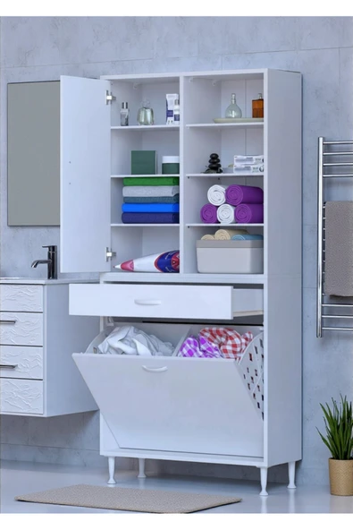 Eliusta Rule Sepetli Banyo/Mutfak Dolabı 70 cm Genişliğe Sahip 70x171x32,5 cm İki Sepetli Beyaz Dolap ürün görseli 1