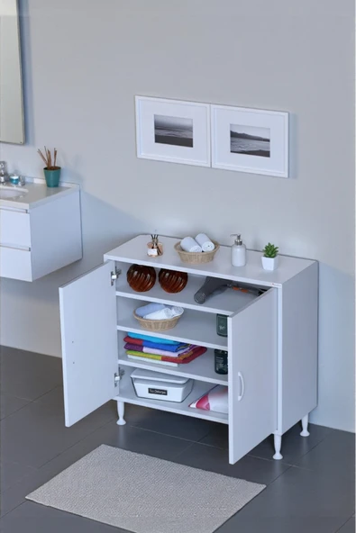 Eliusta Nirat 80 cm 4 Bölmeli Beyaz Banyo Mutfak Dolabı 3 Raflı Kapaklı Çok Amaçlı Dolap 80x75x32,5 cm ürün görseli 1