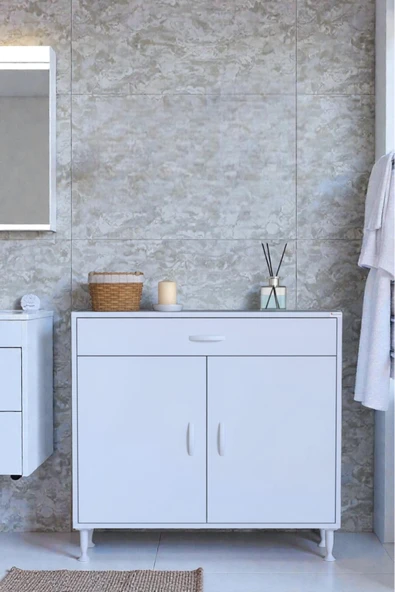 Eliusta Rose 90 cm Beyaz 1 Çekmeceli Banyo Mutfak Dolabı 4 Bölmeli 3 Raflı Çok Amaçlı Dolap 90x88x32,5 cm ürün görseli 1