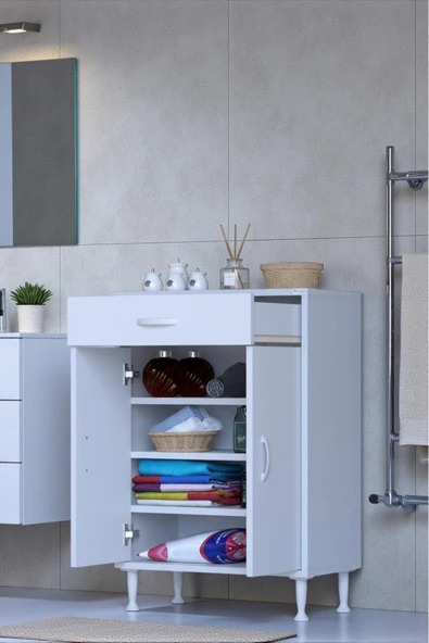 Eliusta Rose 55 cm Beyaz 1 Çekmeceli Banyo Mutfak Dolabı 4 Bölmeli 3 Raflı Çok Amaçlı Dolap 55x88x32,5 cm ürün görseli 1