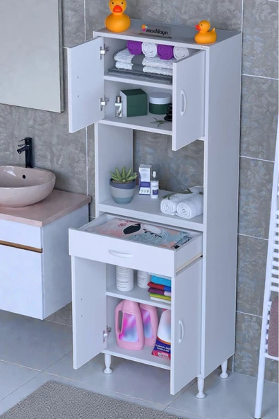 Eliusta Nordi 4 Kapak 2 Raflı Beyaz Dolap 55x173x32,5 cm Çekmeceli Çok Amaçlı Banyo/Mutfak Dolabı ürün görseli 1