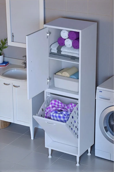 Eliusta Miretta Üst Bölme Kapaklı Altı Kirli Sepetli Dolap 35 cm Genişlik Beyaz 35x138x32,5 cm Dolap ürün görseli 1