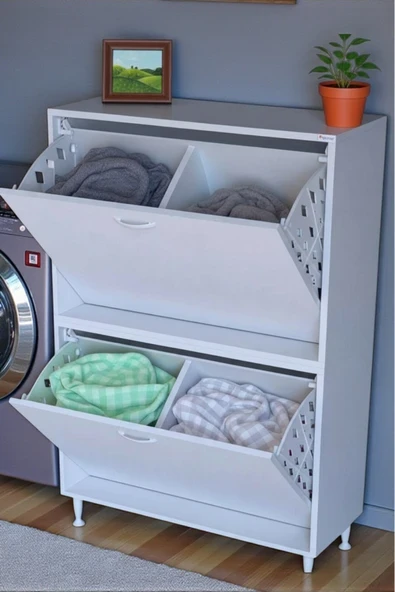 Eliusta Veluna 75 cm Kirli Çamaşır Sepetli Dolap Banyo Dolabı Beyaz 75x138x32,5 cm 4 Sepetli Dolap ürün görseli 1
