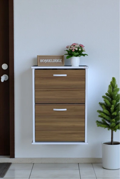 Eliusta Holen Ceviz Renk Ayakkabılık 2 Düşer Kapak 52 cm Genişlik Kapı Önü Asma Ayakkabılık 52x74x26 cm ürün görseli 1
