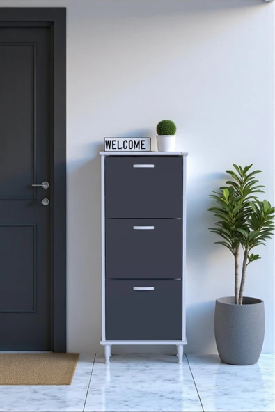 Eliusta Nefes Ayaklı 52 cm Ayakkabılık Kapı Önü/Antre 3 Düşer Kapaklı Antrasit 52x127x26 cm  Ayakkabılık ürün görseli 1
