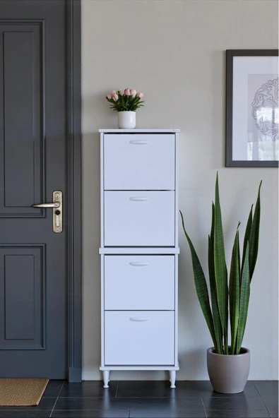 Eliusta Elenio 52 cm Genişlik Beyaz Renk Ayaklı 4 Kapaklı Ayakkabılık 52x168x26 cm Ayakkabılık ürün görseli 1