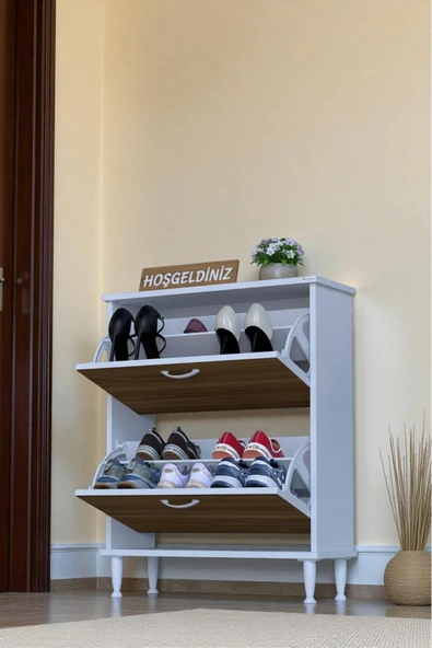 Eliusta Antrex 72 cm Ceviz 2 Düşer Kapaklı Ayakkabılık 72x90x26 cm Ayaklı 4 Bölmeli Ayakkabılık ürün görseli 1