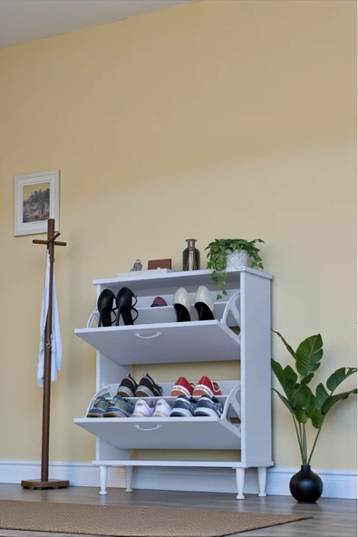 Eliusta Antrex 72 cm Beyaz 2 Düşer Kapaklı Ayakkabılık 72x90x26 cm  Ayaklı 4 Bölmeli Ayakkabılık ürün görseli 1