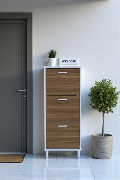 Eliusta Nefes Ayaklı 52 cm Ayakkabılık Kapı Önü/Antre 3 Düşer Kapaklı Ceviz 52x127x26 cm  Ayakkabılık ürün görseli 1