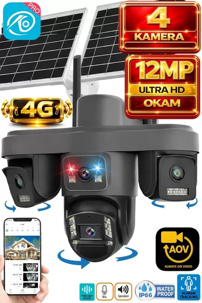 O-Kam OK335 12MP 4 Kameralı 4G Çift Solar Panel AOV Gece Görüş Sesli Konuşma Çakar Led ürün görseli 1