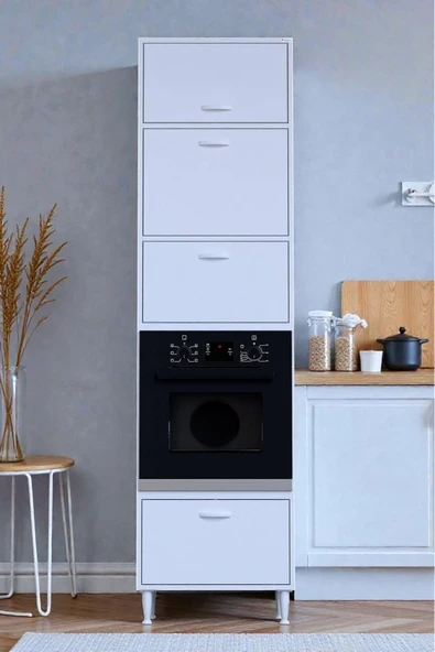 Viramo Mikrodalga/Ankastre Fırın Dolabı Çoklu Bölmelerle 4 Kapaklı Depolama Alanlı 60x217x56 cm