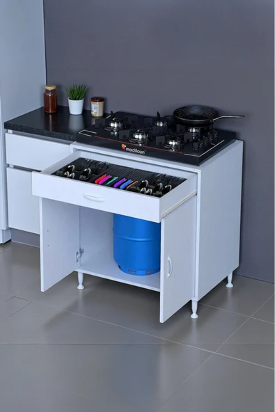 Eliusta Nıvera 75 cm Mutfak Dolabı Beyaz Ankastre 75x88x56 cm Ocak Dolabı Tüp Gizleyici Kapaklı Dolap ürün görseli 1