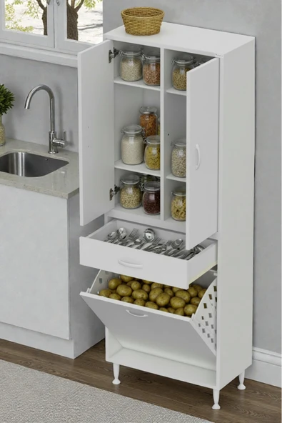 Eliusta Wall Beyaz Banyo Dolabı 55 cm Tek Göz Bölmeli Sepet 55x171x32,5 cm 4 Raflı Mutfak/Banyo Dolabı ürün görseli 1