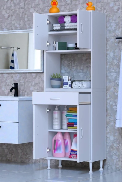Eliusta Nordi 4 Kapak 2 Raflı Beyaz Dolap 60x173x32,5 cm Çekmeceli Çok Amaçlı Banyo/Mutfak Dolabı ürün görseli 1