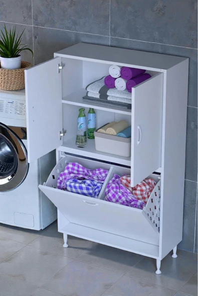 Eliusta Miretta Üst Bölme Kapaklı Altı Kirli Sepetli Dolap 75 cm Genişlik Beyaz 75x138x32,5 cm Dolap ürün görseli 1