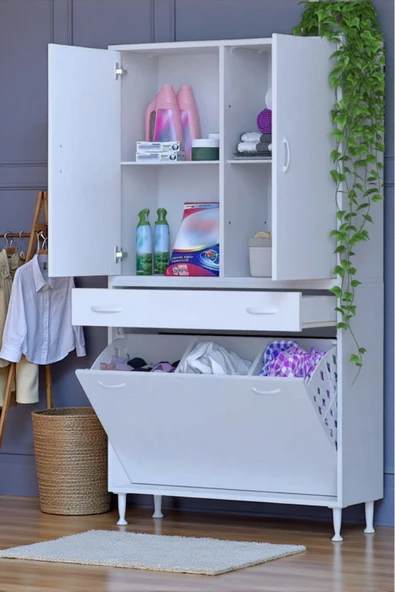 Eliusta Pine 90 cm Genişlikte Dolap 90x171x32,5 cm  Banyo/Mutfak Dolabı İki Kapaklı Sepetli Dolap ürün görseli 1