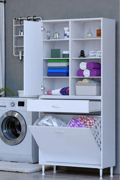 Eliusta Rule Sepetli Banyo/Mutfak Dolabı 85 cm Genişliğe Sahip 85x171x32,5 cm İki Sepetli Beyaz Dolap ürün görseli 1